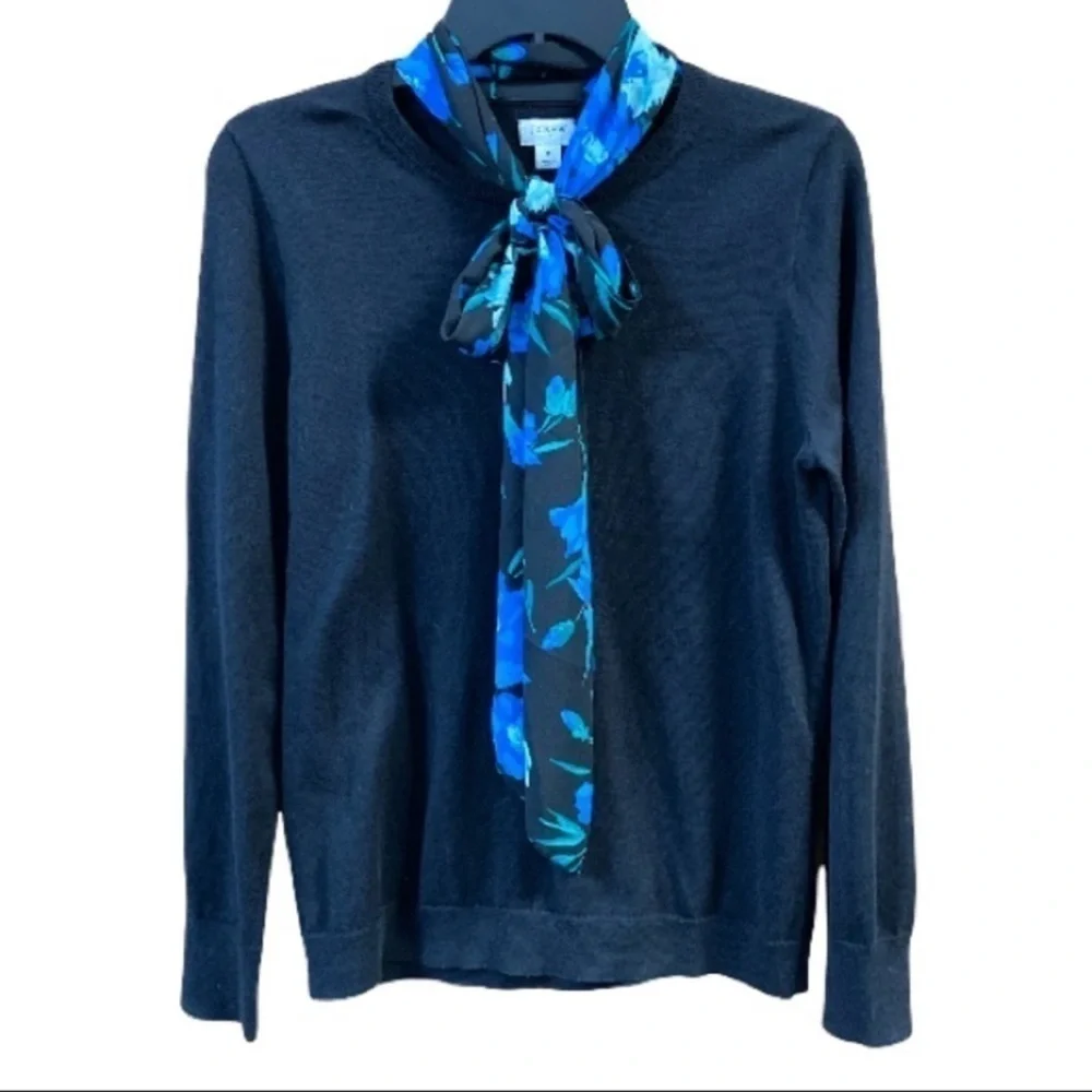 J.Crew Cotton Blend Floral Tie Neck Sweater Size M Classic Chic Pullover NWT